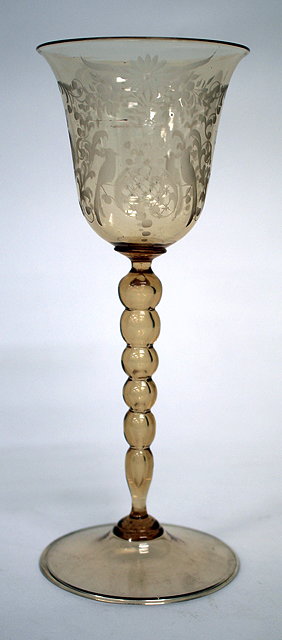 Appraisal: AN ANTIQUE VENETIAN GLASS GOBLET with bowl etched with scrolling