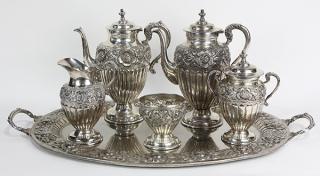 Appraisal: Lot of Mexican silver plate hot beverage service consisting of