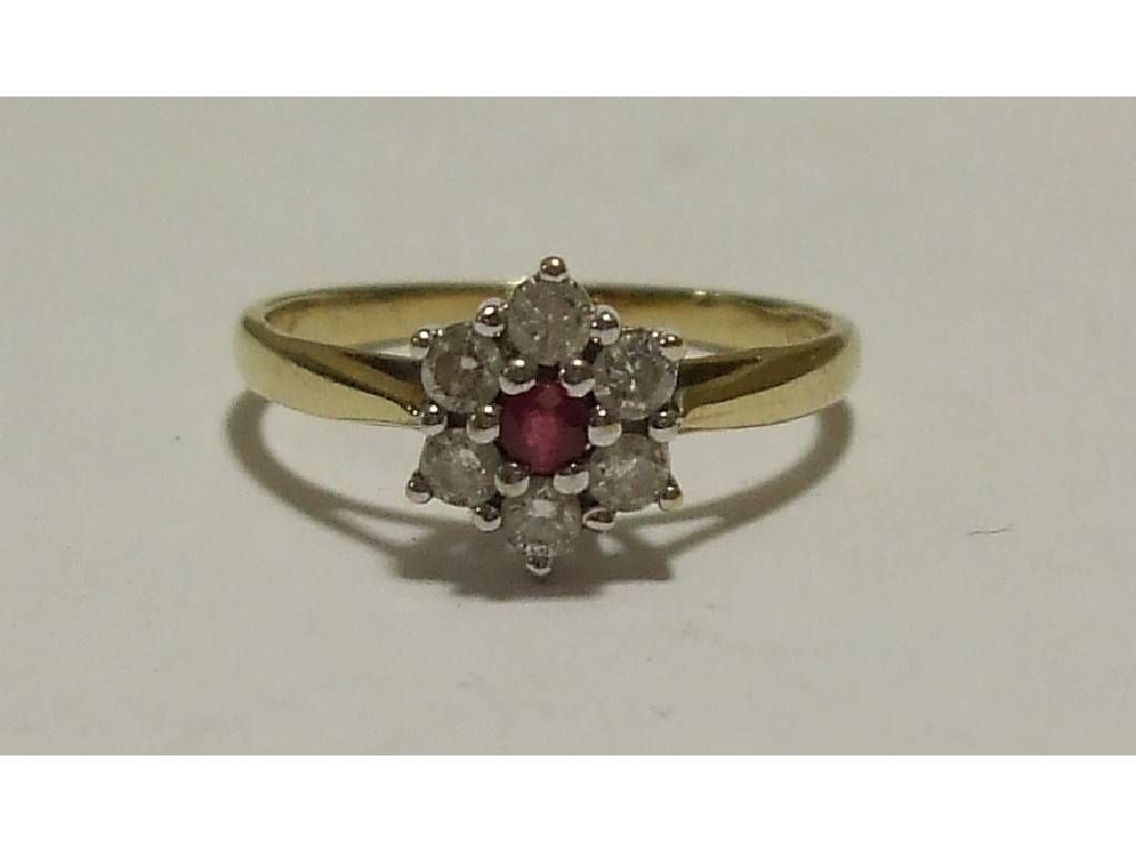 Appraisal: Nine carat gold ruby and diamond daisy cluster ring