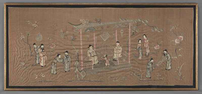 Appraisal: Large Chinese Qing framed embroidery paneldepicting a garden scene ''H