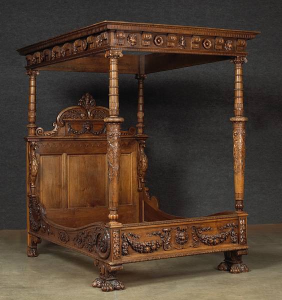 Appraisal: A Renaissance style walnut bed late th century Profusely carved