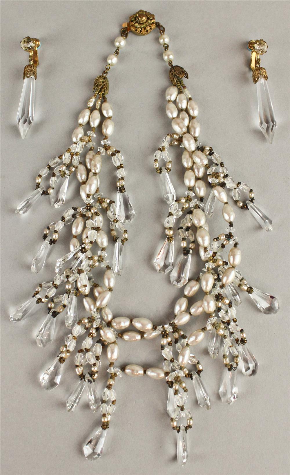 Appraisal: MIRIAM HASKELL CUT CRYSTAL AND FAUX PEARL NECKLACE AND EARRINGS