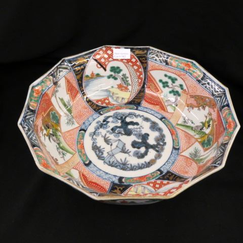 Appraisal: Oriental Imari Porcelain Bowl signed sided panel style scenes with