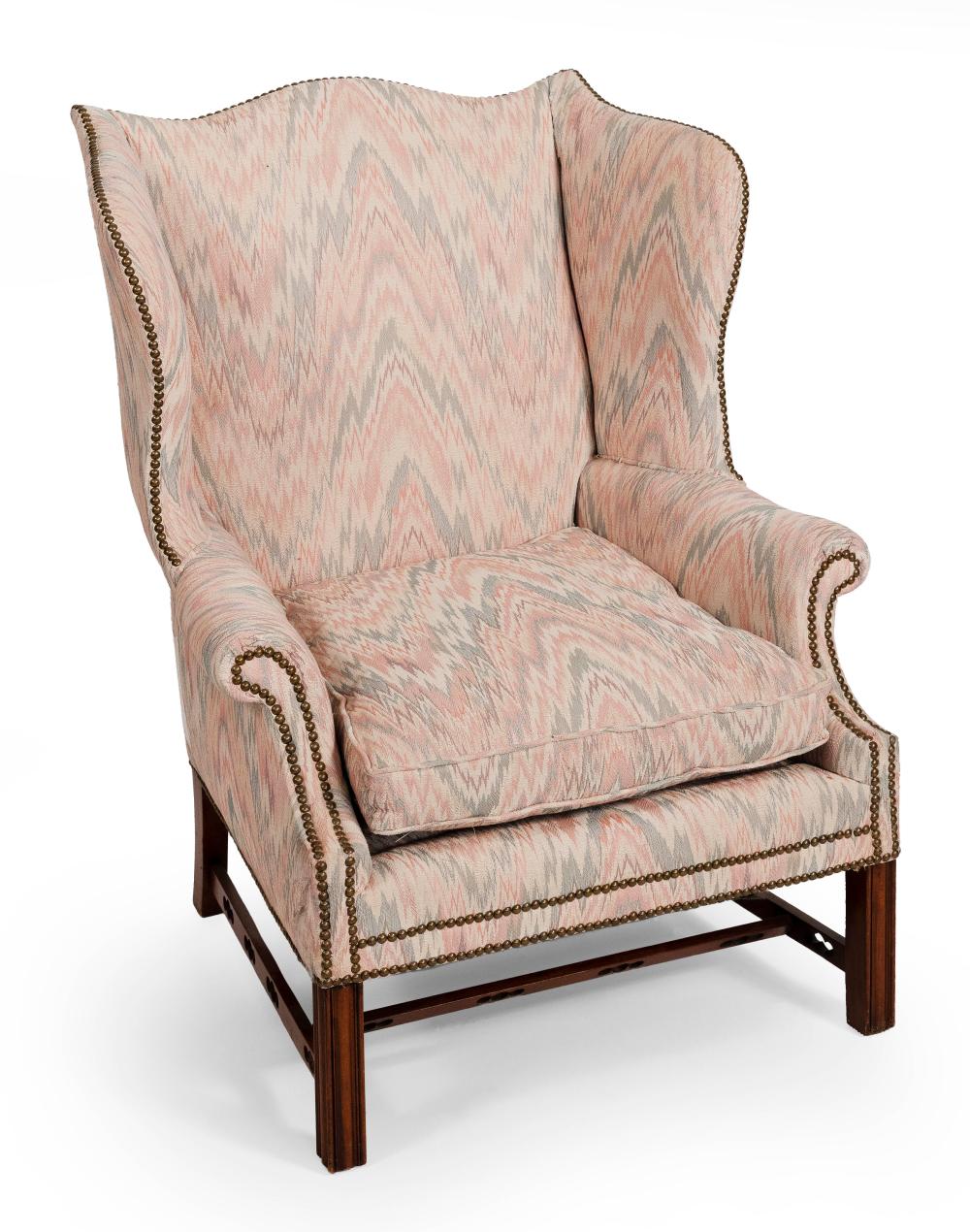 Appraisal: CHIPPENDALE-STYLE WING CHAIR WITH OTTOMAN TH CENTURY CHAIR HEIGHT WIDTH