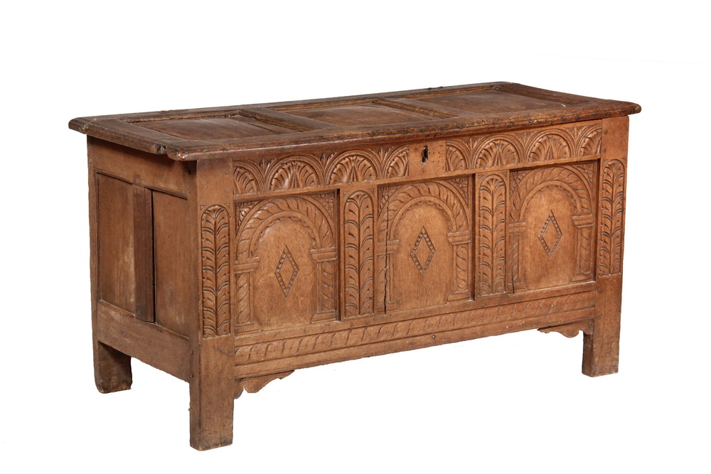 Appraisal: ENGLISH OAK COFFER - th c Dowry Chest with overhanging