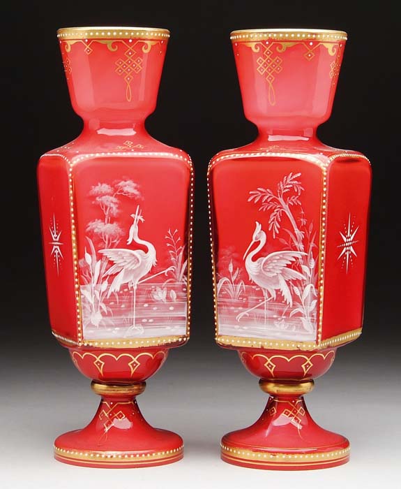 Appraisal: IMPORTANT PAIR OF CASE GLASS CRANBERRY VASES Soft cranberry colored