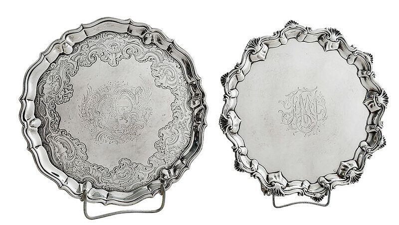 Appraisal: Two Footed English Silver Salvers London both round with scroll