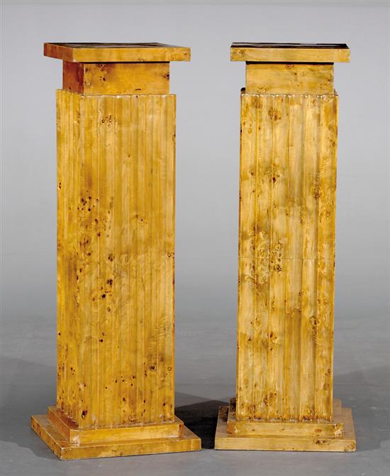 Appraisal: Pair Biedermeier style burl walnut pedestals square top on deeply