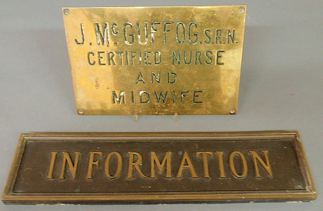 Appraisal: Two bronze brass signs- J McGuffog S R N Certified