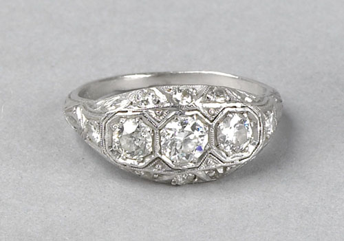 Appraisal: Diamond and platinum ring with old European cut diamonds approx