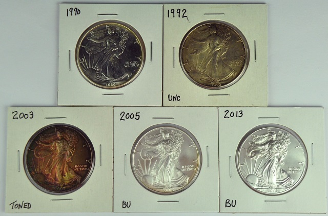 Appraisal: Five Silver EaglesDates are toning toned and