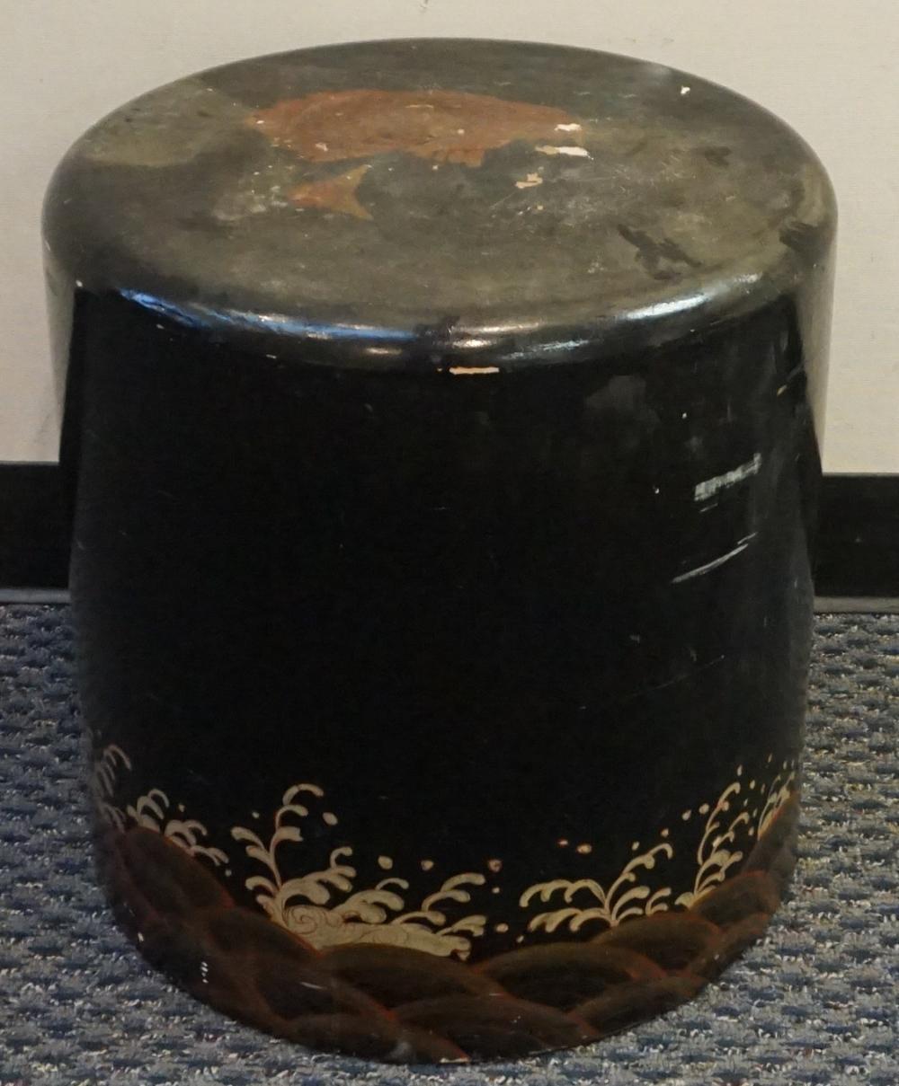 Appraisal: CHINESE POLYCHROME DECORATED BLACK LACQUERED BARREL FORM SIDE TABLE H