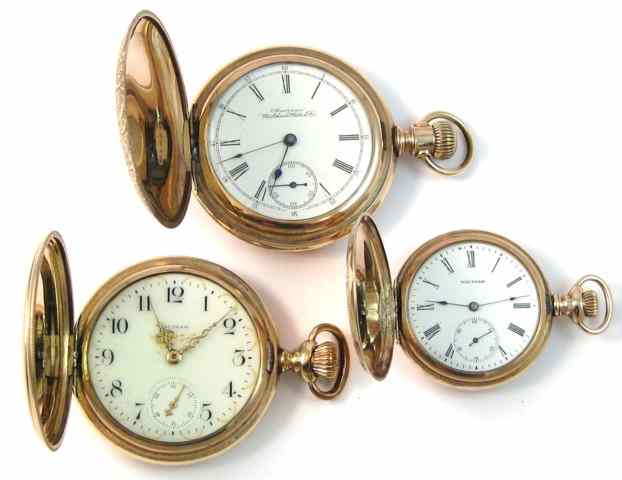 Appraisal: THREE WALTHAM HUNTER CASE POCKET WATCHES model size jewels c