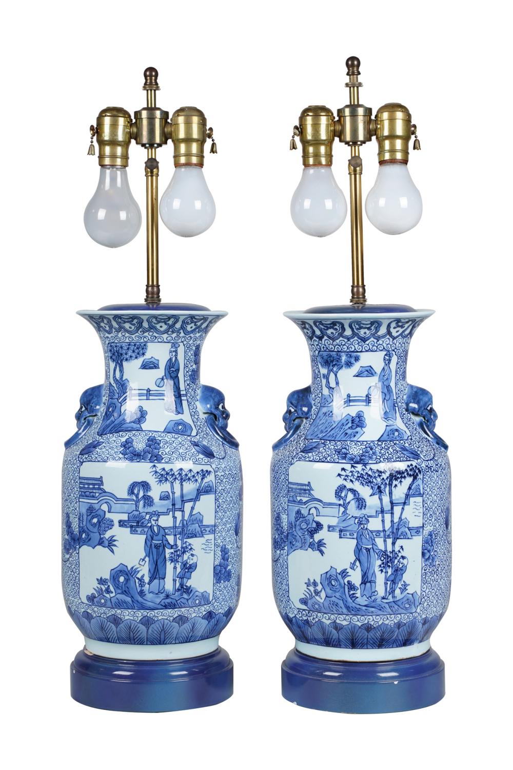 Appraisal: PAIR OF CHINESE BLUE WHITE PORCELAIN URN FORM TABLE LAMPS