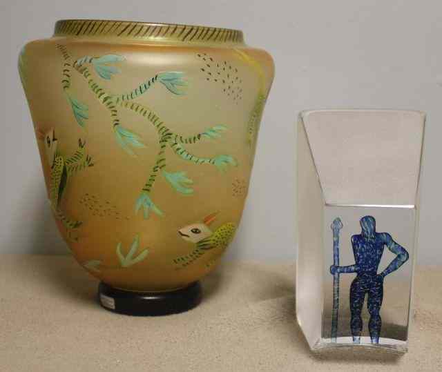 Appraisal: Modern Vallien Glass Lot Includes a vase decorated with animals