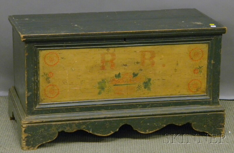 Appraisal: Polychrome Paint-decorated Pine Dovetail-constructed Paneled Blanket Box the front panel