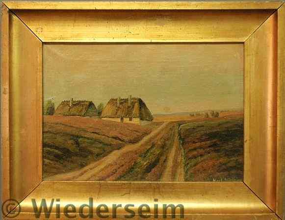 Appraisal: Oil on canvas Continental landscape painting of thatched roof cottages