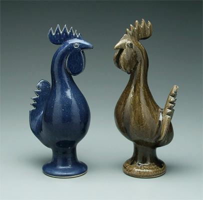 Appraisal: Two Edwin Meaders roosters one blue marked quot Edwin Meaders