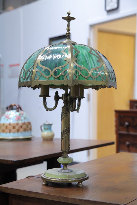 Appraisal: TABLE LAMP Stepped brass and green onyx base embossed stem