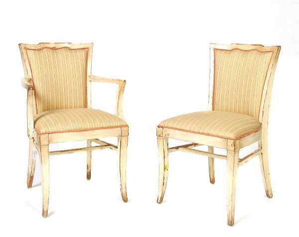 Appraisal: A set of six paint decorated and upholstered dining chairs