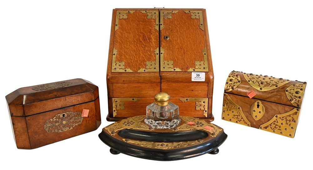 Appraisal: Four Piece Group to include burl tea box having brass