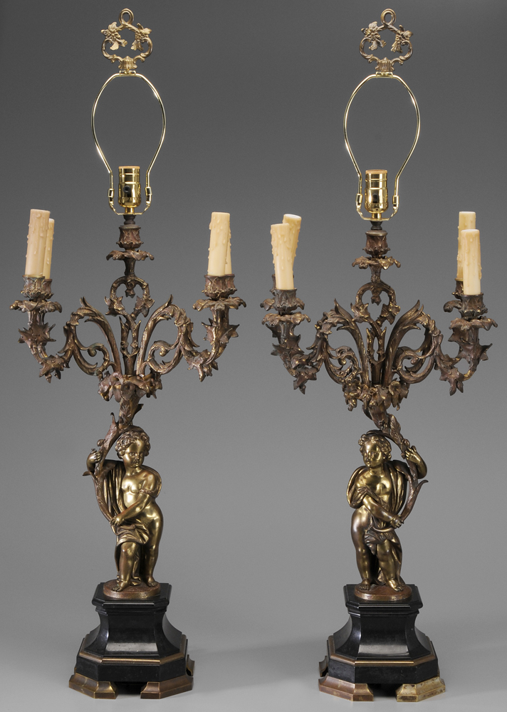 Appraisal: Pair Louis XV Style Bronze Lamps French th century Putti