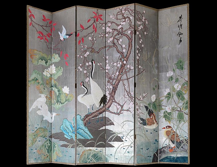 Appraisal: CHINESE SILVER GROUND WALLPAPER SIX-FOLD SCREEN th Century Each panel