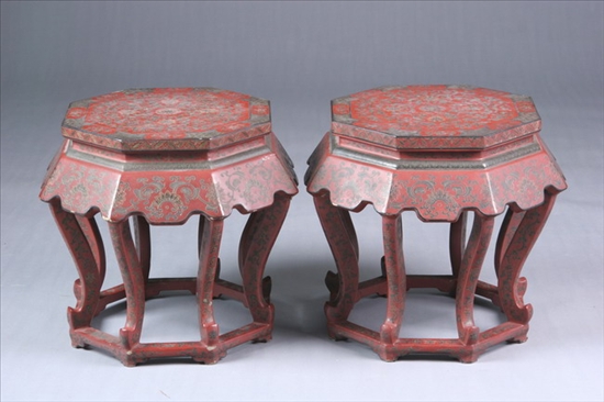 Appraisal: PAIR CHINESE RED LACQUER STOOLS Octagonal with foliate decoration -