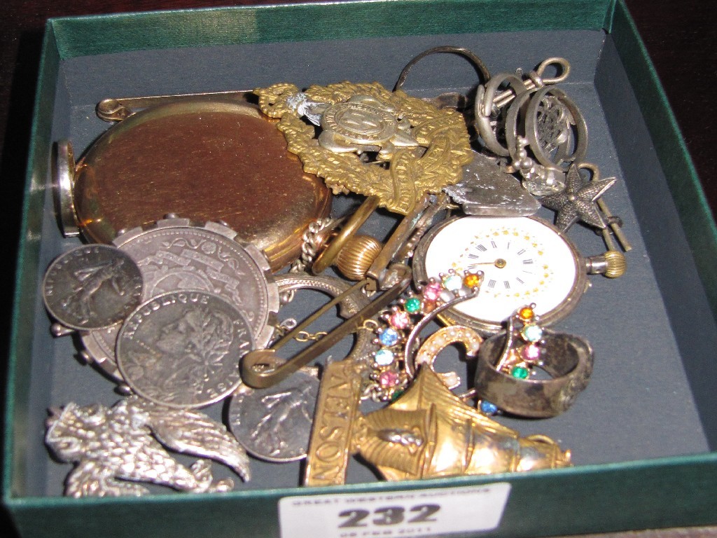 Appraisal: Box of brooches badges pocket watches etc