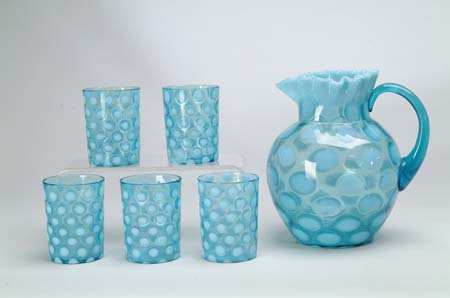 Appraisal: SIX PIECE BLUE OPALESCENT WATER SET Set consists of handled