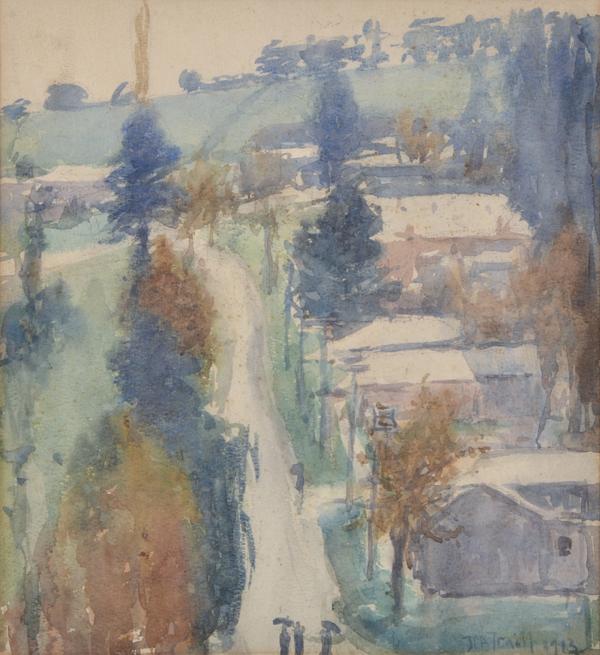 Appraisal: JESSIE TRAILL - The Track with Poplars and Houses watercolour