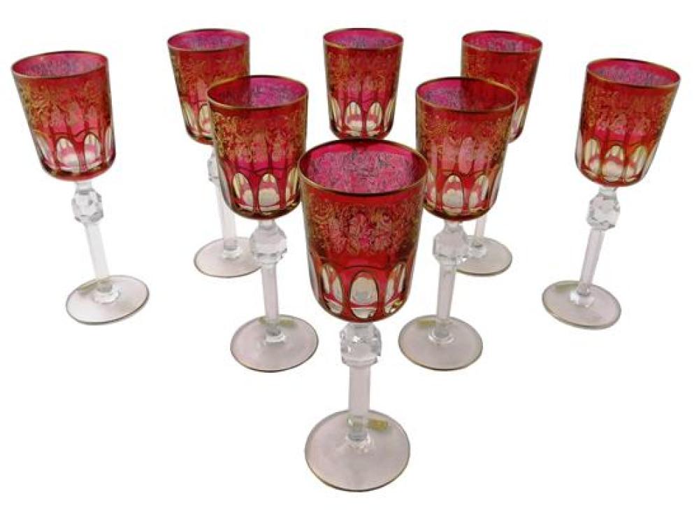 Appraisal: GLASS Eight Italian cranberry cut to clear wine goblets with