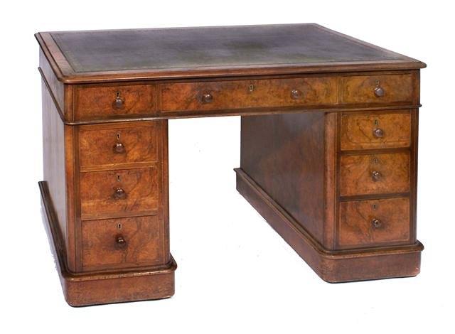 Appraisal: A VICTORIAN BURR WALNUT PEDESTAL DESK the top with gilt