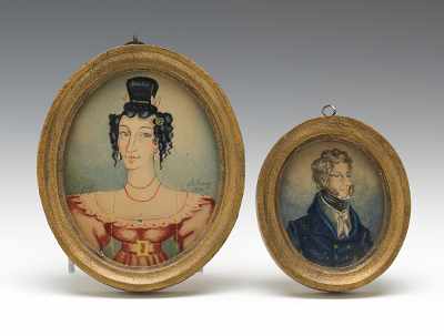 Appraisal: Miniature Portraits of a Husband and Wife Charming caricature like