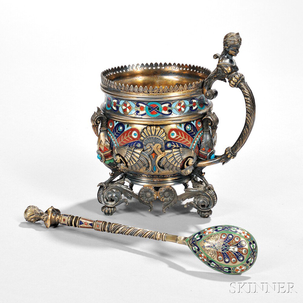 Appraisal: Russian Silver-gilt and Champlev -enamel Tea Glass Holder Podstakannik and