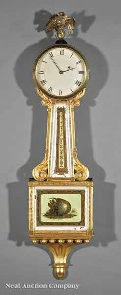 Appraisal: A Federal Carved Giltwood and glomis Banjo Clock Aaron Willard