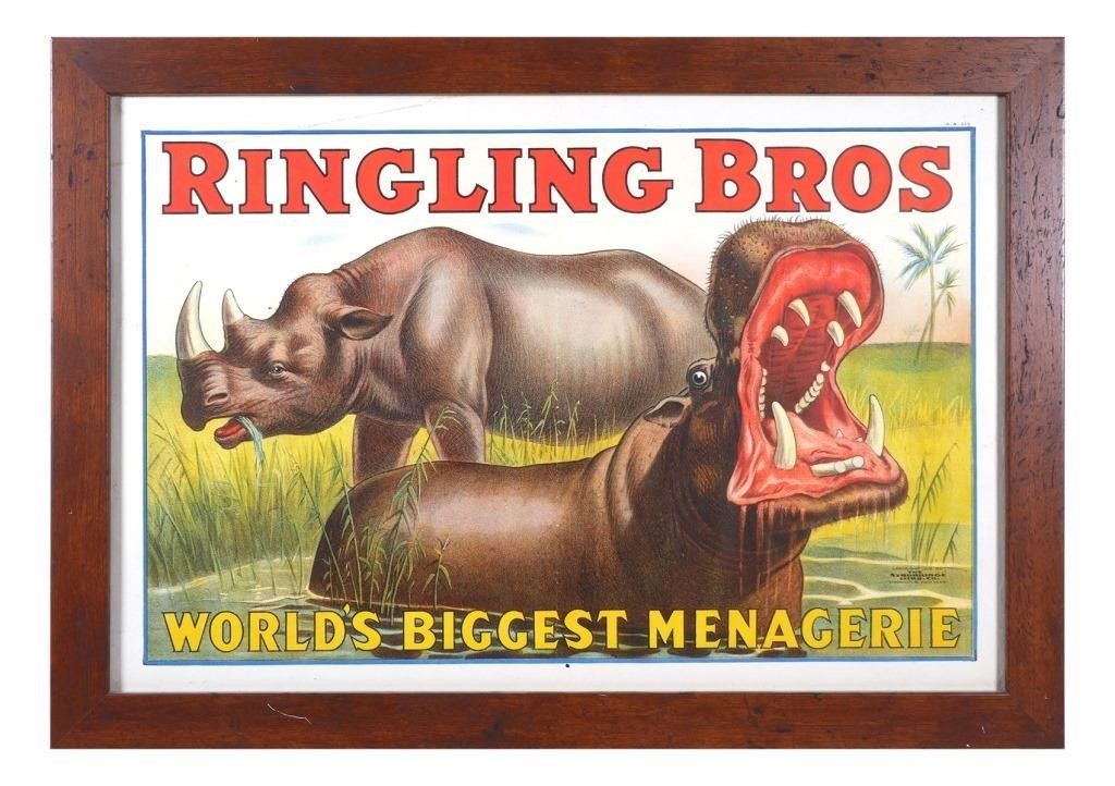 Appraisal: RINGLING BROS STROBRIDGE POSTER HIPPO RHINO RINGLING BROTHERS Circus advertising