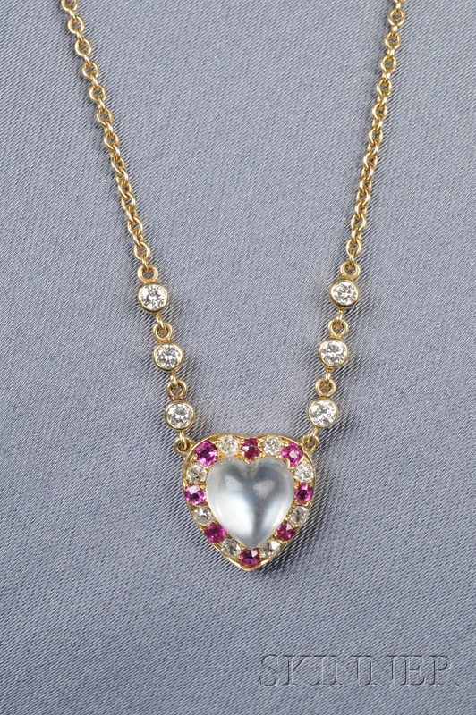 Appraisal: Moonstone Ruby and Diamond Pendant the antique pendant set with