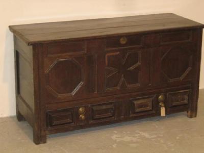 Appraisal: AN OAK PANELLED COFFER with moulded edged plank lid the