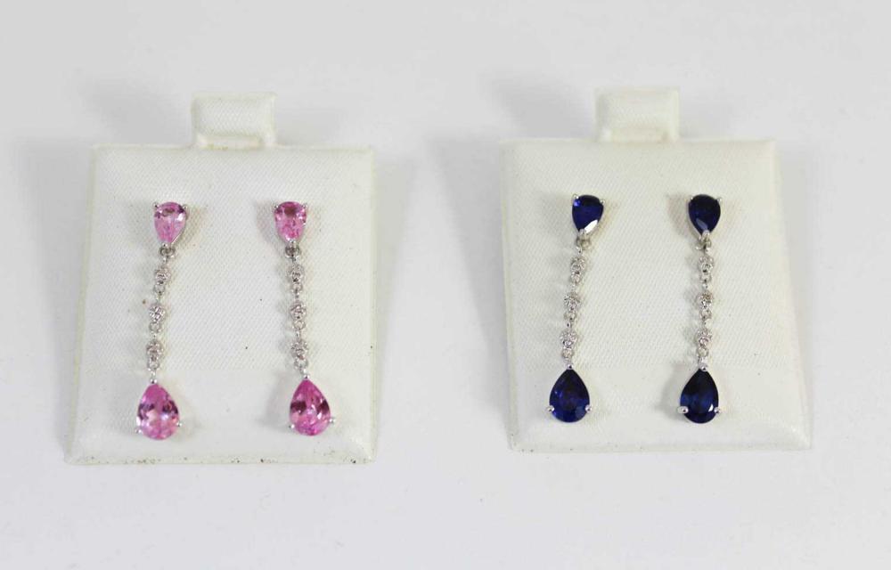 Appraisal: TWO PAIRS OF LAB-CREATED SAPPHIRE DANGLE EARRINGS each of the