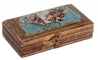 Appraisal: Petit Point Playing Cards and Leather Whist Counter Holder with