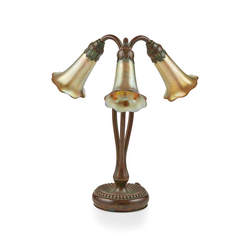 Appraisal: TIFFANY STUDIOS NEW YORK THREE-LIGHT LILY TABLE LAMP CIRCA patinated