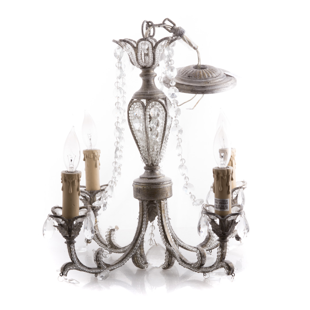 Appraisal: Silvered metal four-light chandelier with glass prisms and glass bead