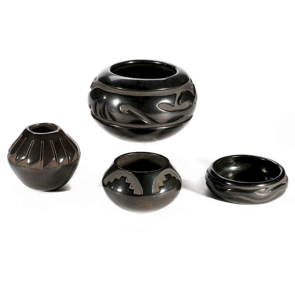 Appraisal: Four Santa Clara Carved Blackware Vessels The largest by Linda