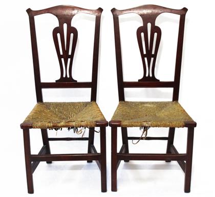 Appraisal: Pair of Chippendale cherrywood rush seat side chairsnew england late