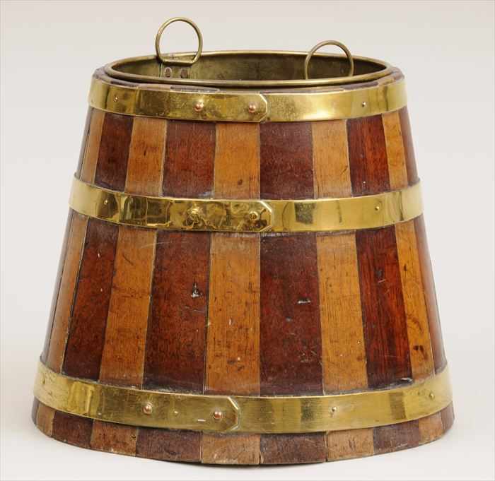 Appraisal: ENGLISH BRASS-BANDED MAHOGANY AND FRUITWOOD PAIL Of flared cylindrical form