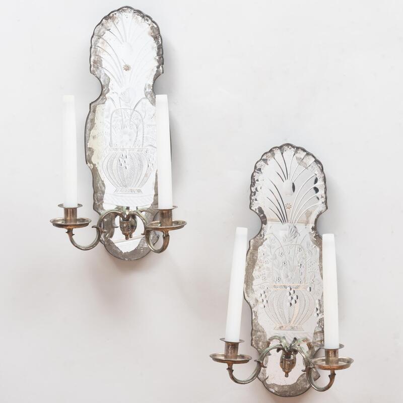 Appraisal: Pair of Etched Mirrored and Metal Two-Light Sconces Possibly Scandinavian