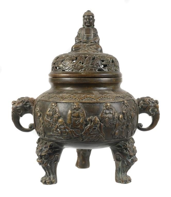 Appraisal: Antique Chinese bronze tripod censer with lohan dragons bats and