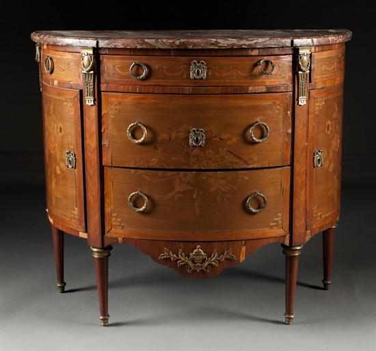 Appraisal: Louis XVI style bronze-mounted marquetry inlaid marble-top demilune commode th