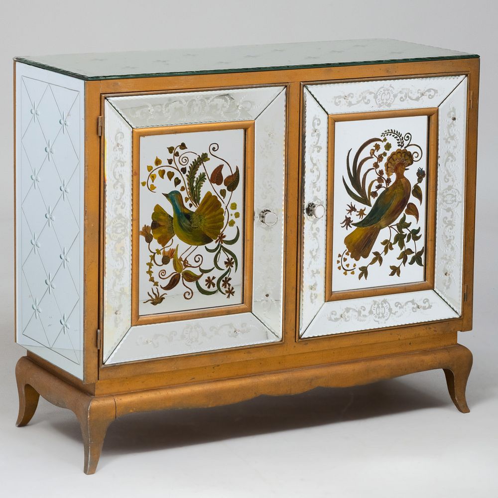 Appraisal: French Polychrome-Painted and Mirrored Two-Door Credenza x x in By